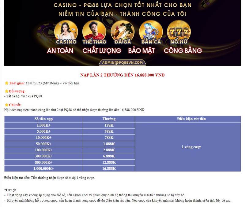 Chương trình khuyến mãi PQ88 cực HOT thưởng khủng 2 Tặng Thưởng Nạp Lần 2 Lên Đến 16.888.000 Vnd