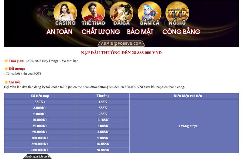 Chương trình khuyến mãi PQ88 cực HOT thưởng khủng 1 Nạp Đầu Tặng Thưởng 28.888.000 Vnd
