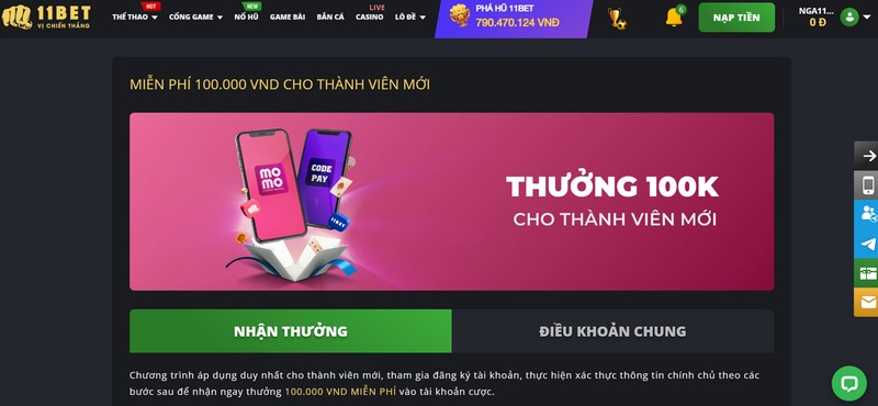 Khuyến mãi 11BET - Quà tặng đặc biệt dành cho mọi hội viên 1 Thưởng 100K Khởi Nghiệp Khi Đăng Ký Tài Khoản Thành Công Tại 11Bet