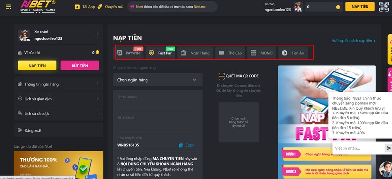 Hướng dẫn nạp tiền NBET và rút tiền nhanh chóng cho newbie 1 Phương Thức Thanh Toán Mà Nhà Cái Triển Khai Siêu Đa Dạng