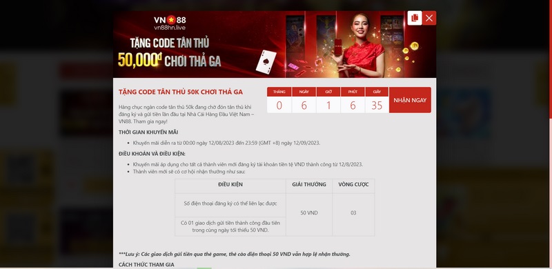 Khuyến mãi VN88 - Sự kiện hấp dẫn dành cho mọi hội viên 1 Tặng Code 50K Tân Thủ Khi Thực Hiện Đăng Ký Hội Viên Hoàn Tất